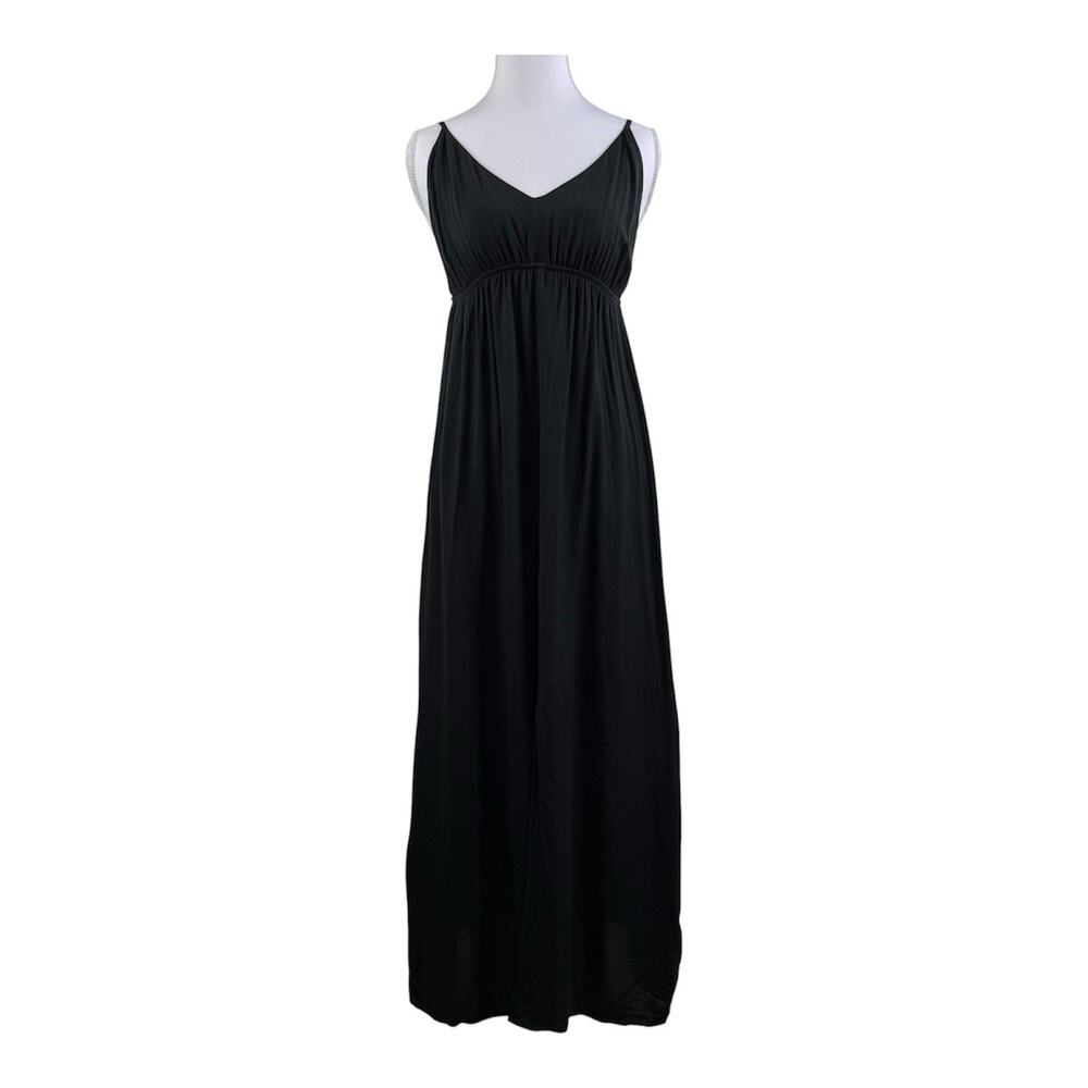 Farm Rio Black Midi Slip Dress XS Elastic Empire Waist Sleeveless V Neck Sheer